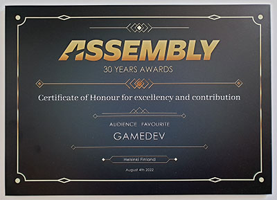 Assembly 30 Years Awards Displate, Gamedev Audience Favourite